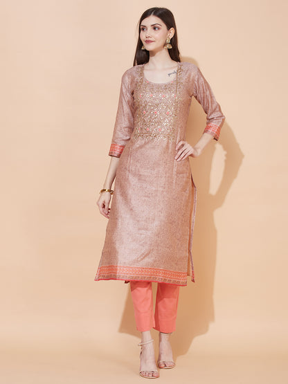 Floral Printed & Hand Embroidered Straight Fit Kurta with Dupatta - Light Brown