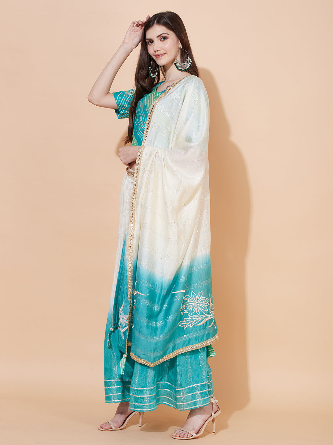 Ethnic Printed Short Top with Flared Skirt & Dupatta - Turquoise