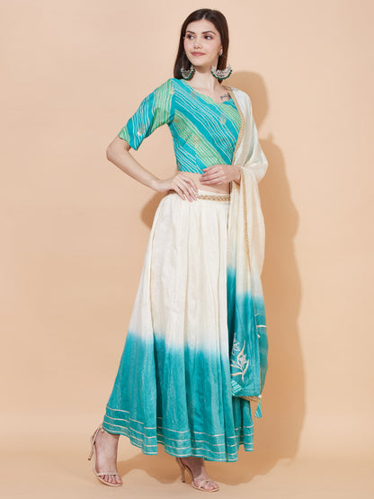 Ethnic Printed Short Top with Flared Skirt & Dupatta - Turquoise