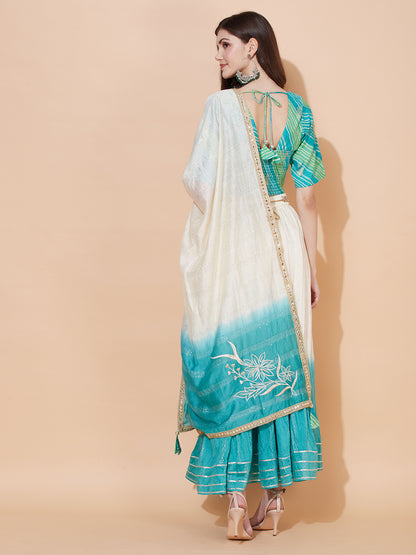 Ethnic Printed Short Top with Flared Skirt & Dupatta - Turquoise