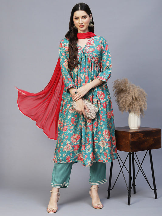 Floral Printed & Embroidered A-Line Kurta with Pants & Dupatta - Green