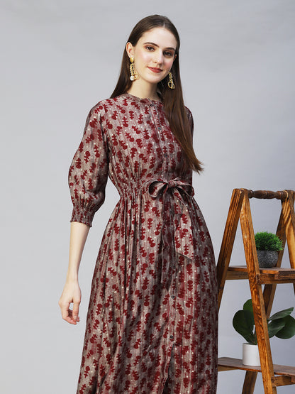 Ethnic Printed A-Line Midi Dress - Taupe