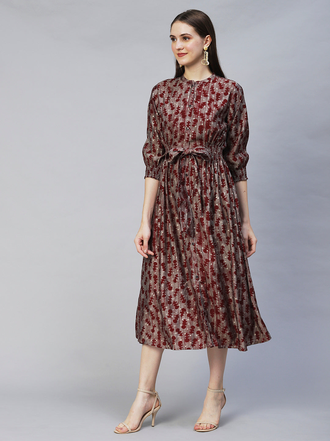 Ethnic Printed A-Line Midi Dress - Taupe