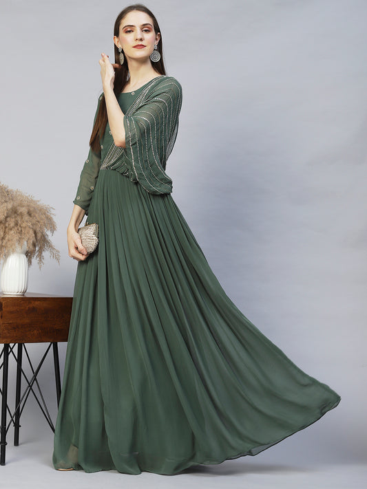 Ethnic Hand Embroidered Flared Maxi Dress - Green