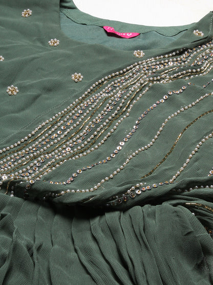 Ethnic Hand Embroidered Flared Maxi Dress - Green