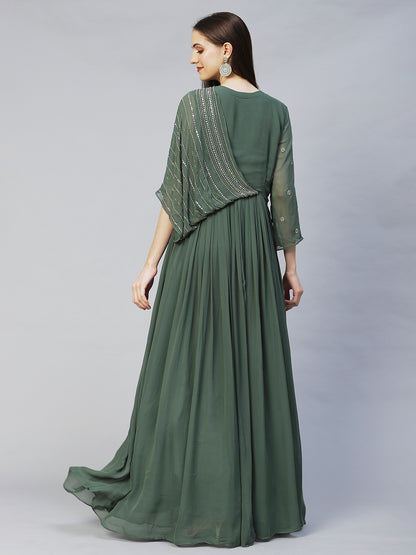 Ethnic Hand Embroidered Flared Maxi Dress - Green