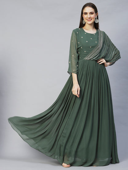 Ethnic Hand Embroidered Flared Maxi Dress - Green