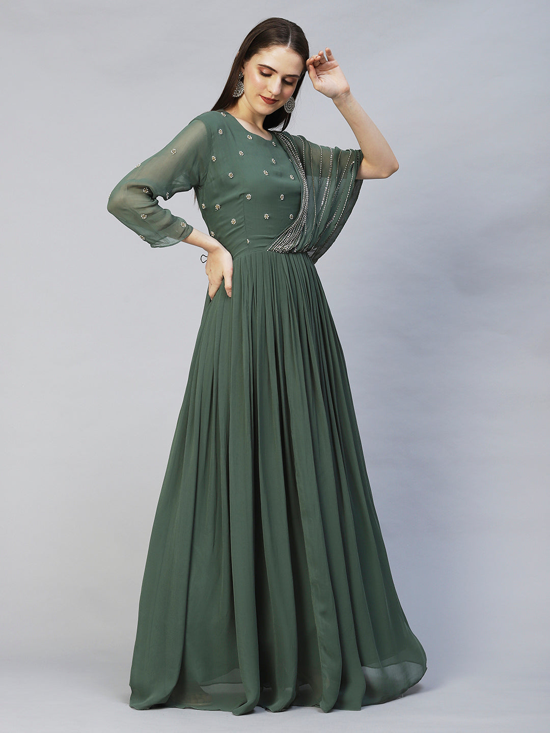 Ethnic Hand Embroidered Flared Maxi Dress - Green