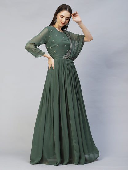 Ethnic Hand Embroidered Flared Maxi Dress - Green