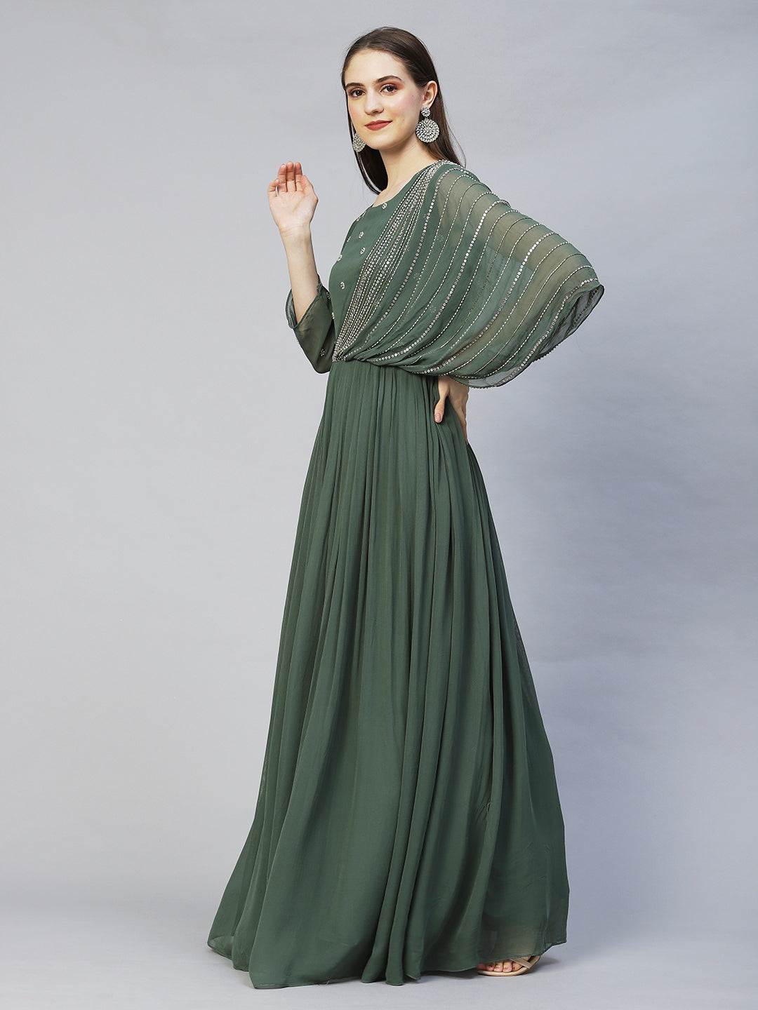 Ethnic Hand Embroidered Flared Maxi Dress - Green