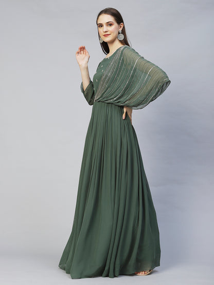 Ethnic Hand Embroidered Flared Maxi Dress - Green