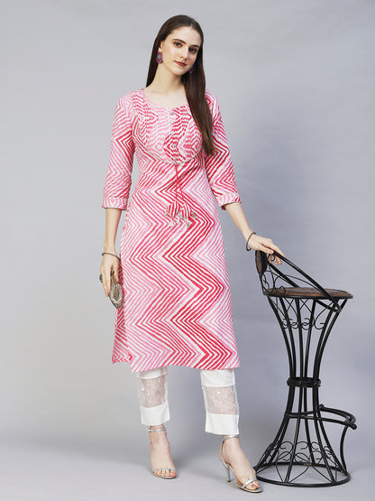 Leheriya Printed & Embroidered Straight Fit Kurta - Pink