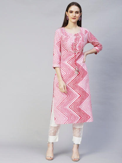 Leheriya Printed & Embroidered Straight Fit Kurta - Pink