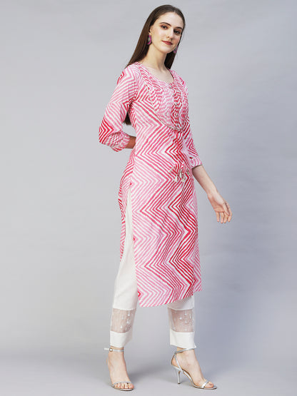 Leheriya Printed & Embroidered Straight Fit Kurta - Pink