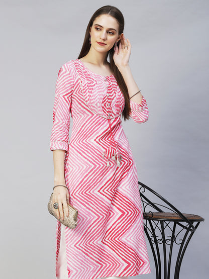 Leheriya Printed & Embroidered Straight Fit Kurta - Pink