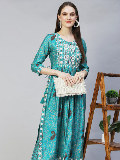 Ethnic Printed & Embroidered A-Line Kurta with Pants - Turquoise