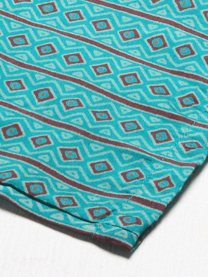 Ethnic Printed & Embroidered A-Line Kurta with Pants - Turquoise