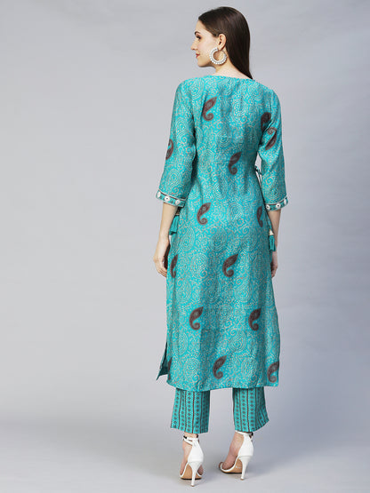 Ethnic Printed & Embroidered A-Line Kurta with Pants - Turquoise