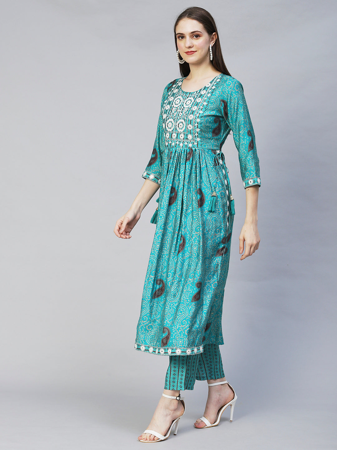 Ethnic Printed & Embroidered A-Line Kurta with Pants - Turquoise