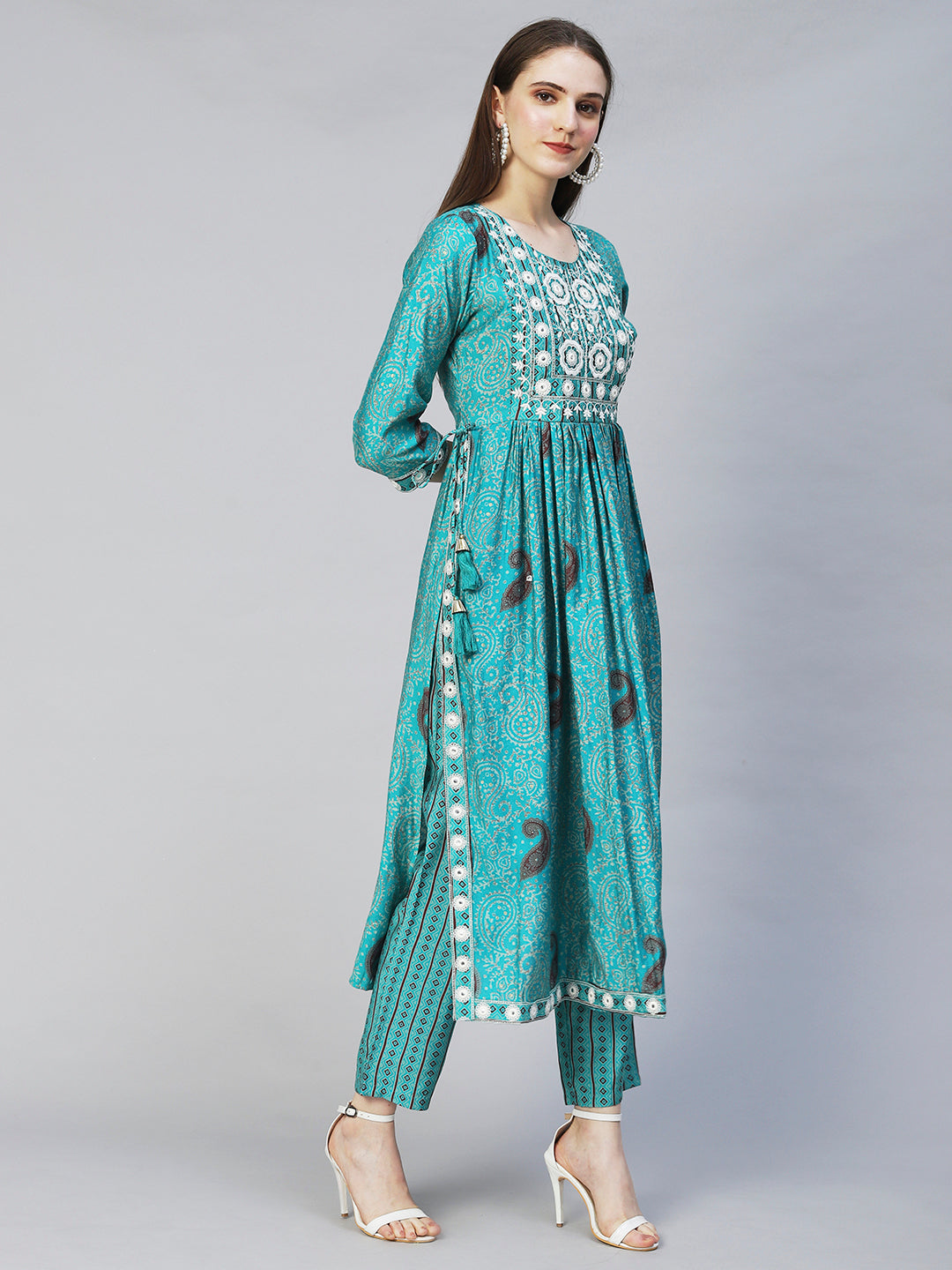 Ethnic Printed & Embroidered A-Line Kurta with Pants - Turquoise