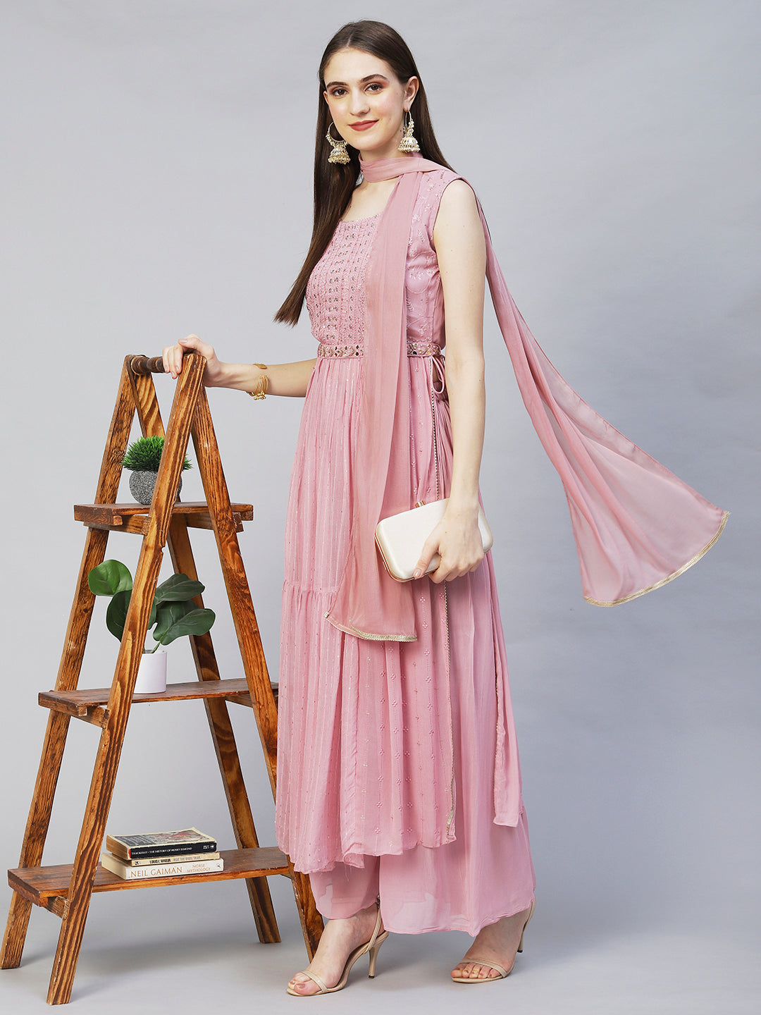 Ethnic Embroidered A-Line Kurta with Palazzo & Dupatta - Onion Pink