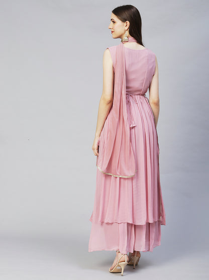 Ethnic Embroidered A-Line Kurta with Palazzo & Dupatta - Onion Pink