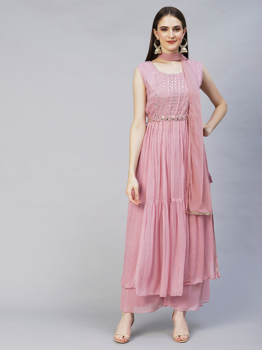 Ethnic Embroidered A-Line Kurta with Palazzo & Dupatta - Onion Pink