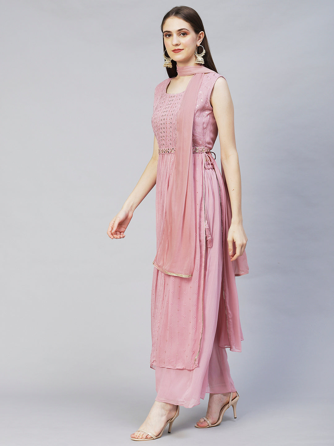 Ethnic Embroidered A-Line Kurta with Palazzo & Dupatta - Onion Pink