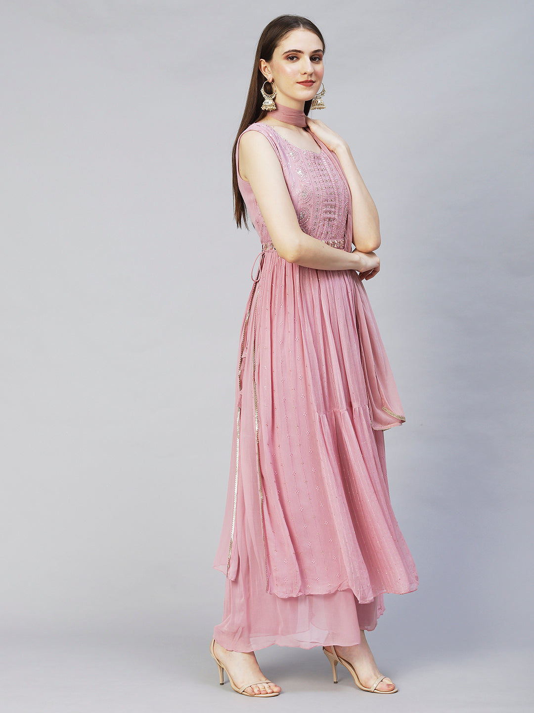 Ethnic Embroidered A-Line Kurta with Palazzo & Dupatta - Onion Pink