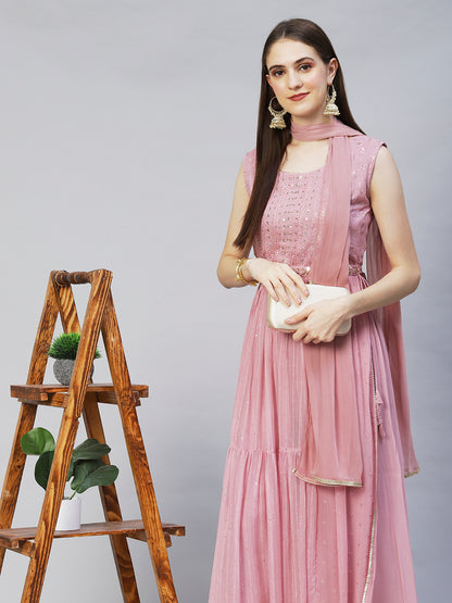 Ethnic Embroidered A-Line Kurta with Palazzo & Dupatta - Onion Pink