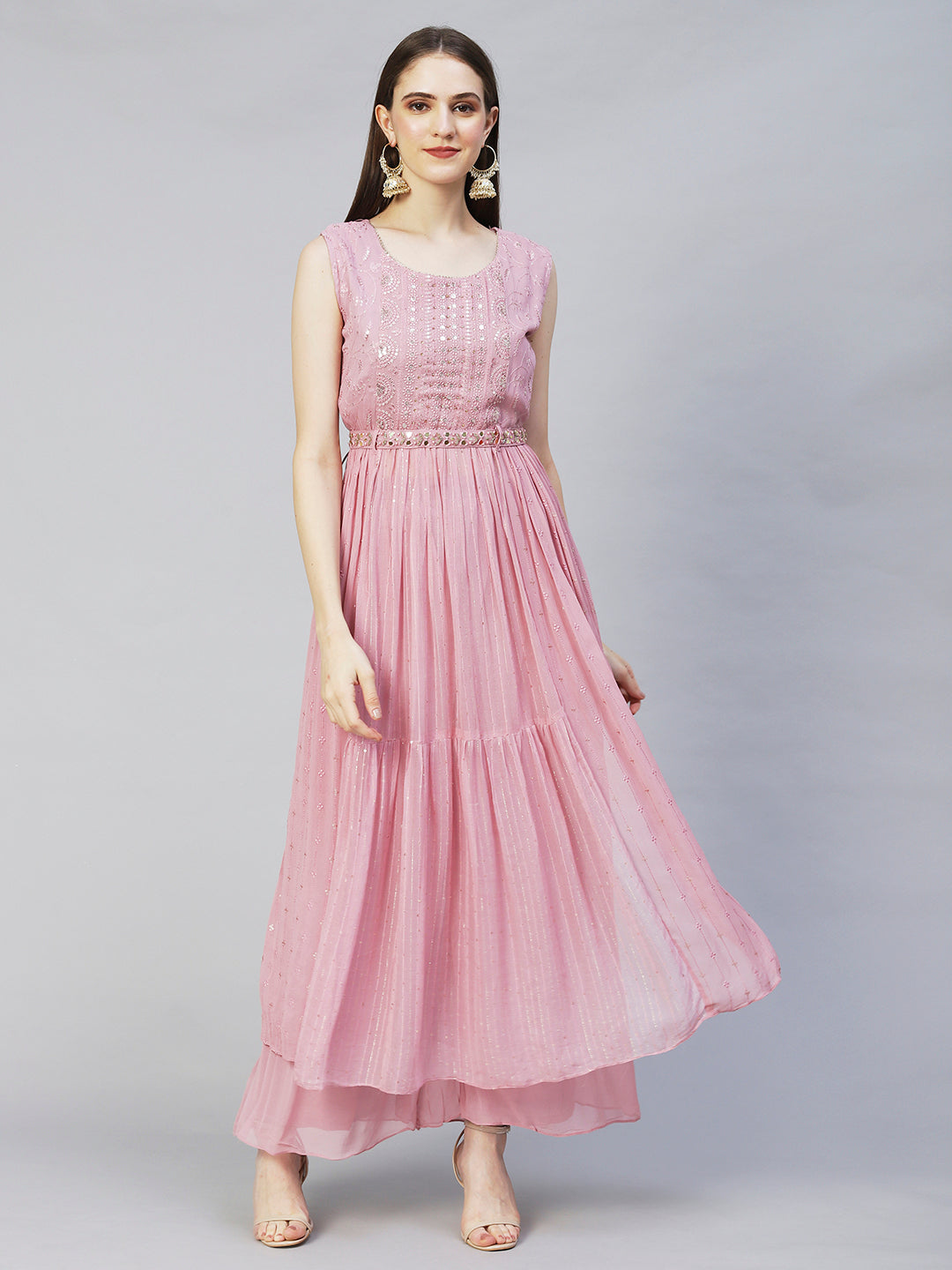 Ethnic Embroidered A-Line Kurta with Palazzo & Dupatta - Onion Pink