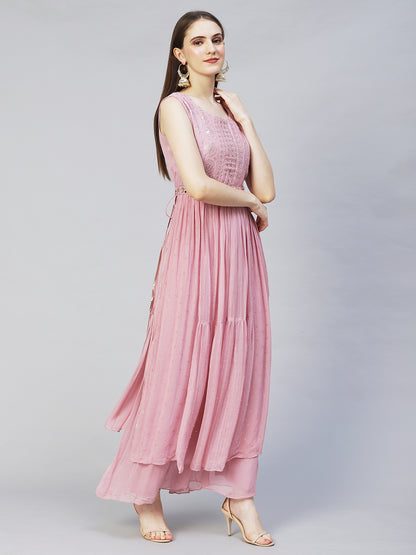 Ethnic Embroidered A-Line Kurta with Palazzo & Dupatta - Onion Pink