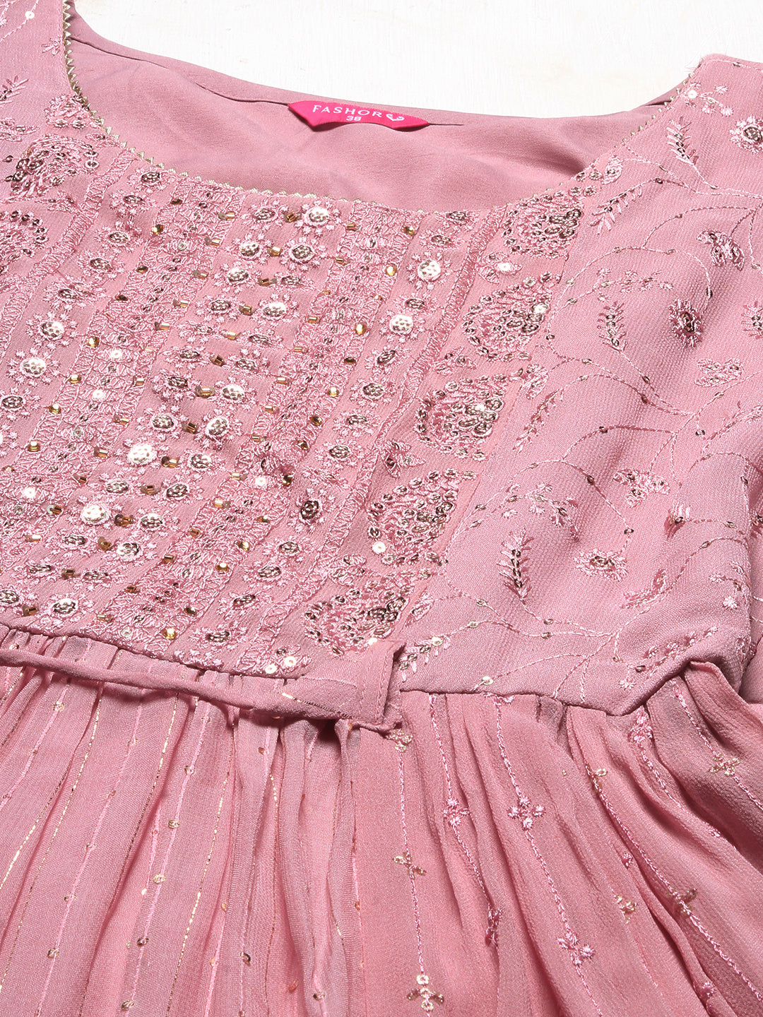 Ethnic Embroidered A-Line Kurta with Palazzo & Dupatta - Onion Pink