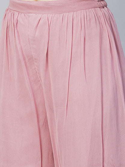 Ethnic Embroidered A-Line Kurta with Palazzo & Dupatta - Onion Pink
