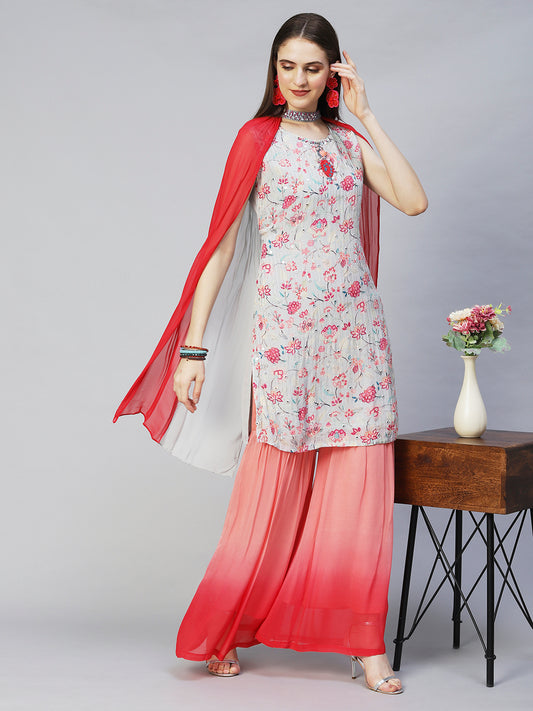 Floral Printed & Hand Embroidered Kurta with Sharara & Dupatta - Light Gray