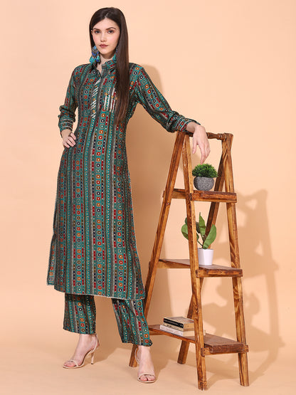 Ethnic Printed & Embroidered Straight Fit Kurta with Pants - Green