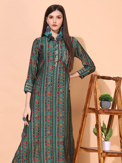 Ethnic Printed & Embroidered Straight Fit Kurta with Pants - Green