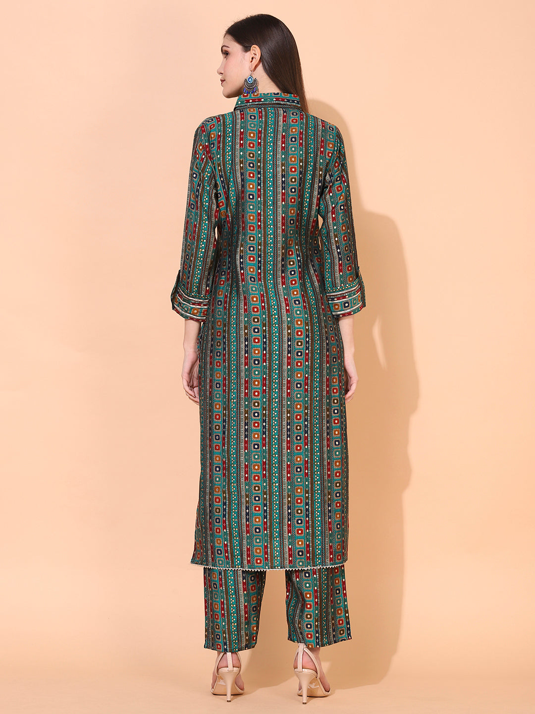 Ethnic Printed & Embroidered Straight Fit Kurta with Pants - Green