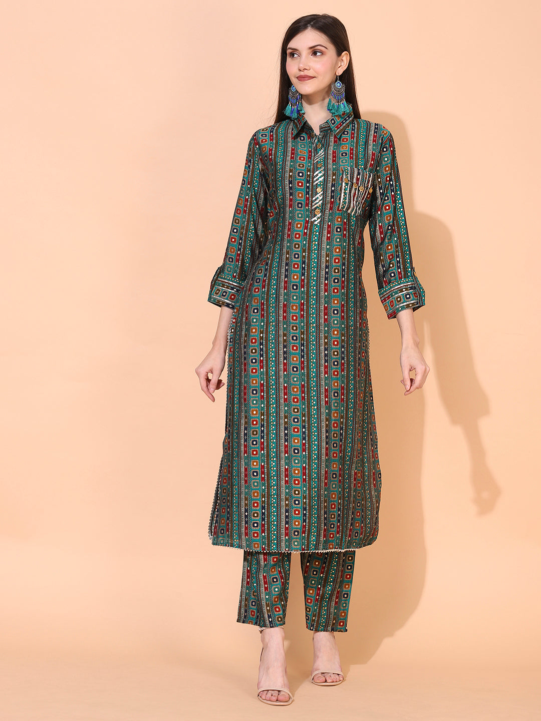 Ethnic Printed & Embroidered Straight Fit Kurta with Pants - Green