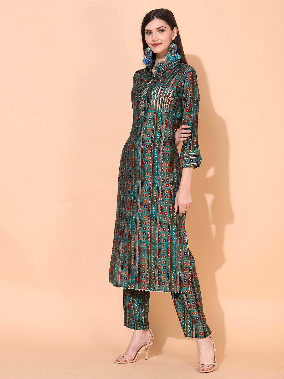 Ethnic Printed & Embroidered Straight Fit Kurta with Pants - Green