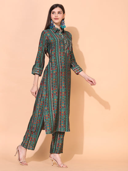 Ethnic Printed & Embroidered Straight Fit Kurta with Pants - Green