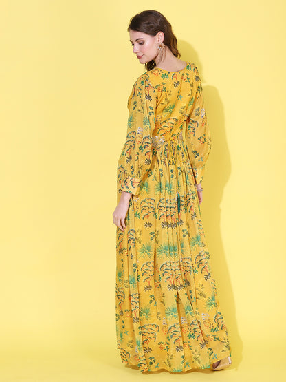 Floral Printed Flared Maxi Dress with Hand Embroidered Belt - Yellow