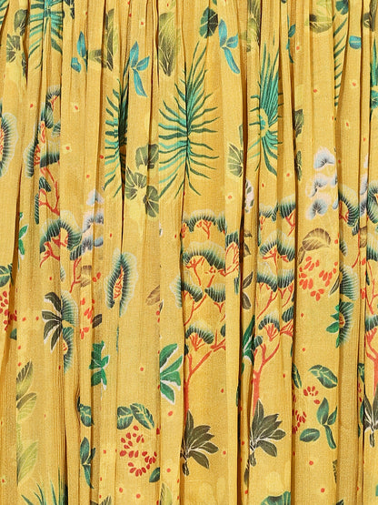 Floral Printed Flared Maxi Dress with Hand Embroidered Belt - Yellow