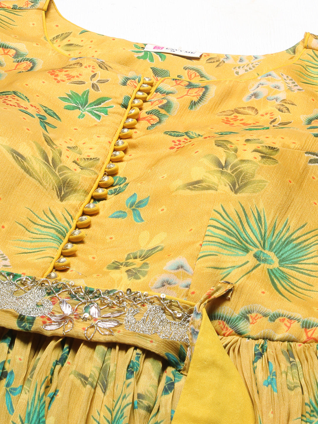 Floral Printed Flared Maxi Dress with Hand Embroidered Belt - Yellow