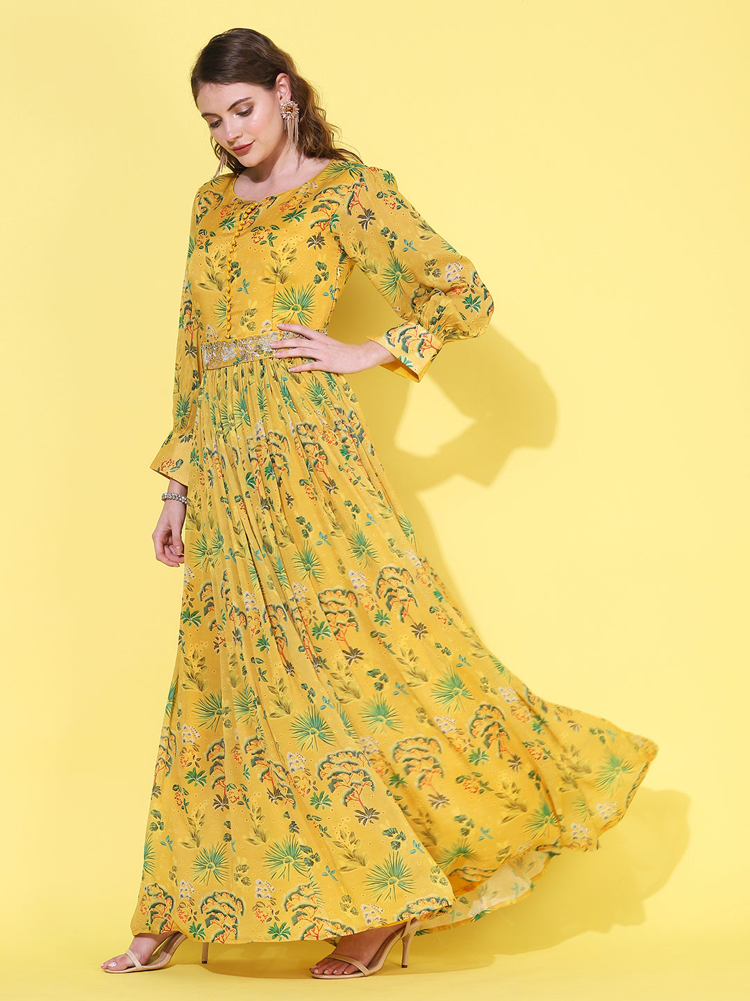 Floral Printed Flared Maxi Dress with Hand Embroidered Belt - Yellow
