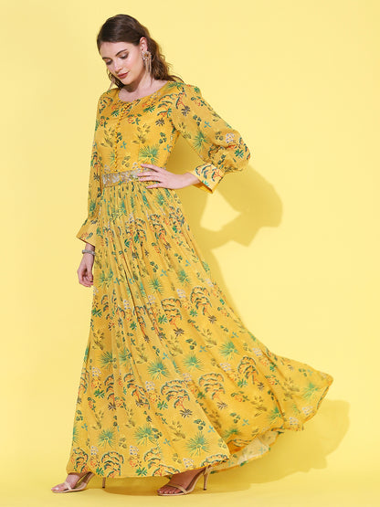 Floral Printed Flared Maxi Dress with Hand Embroidered Belt - Yellow