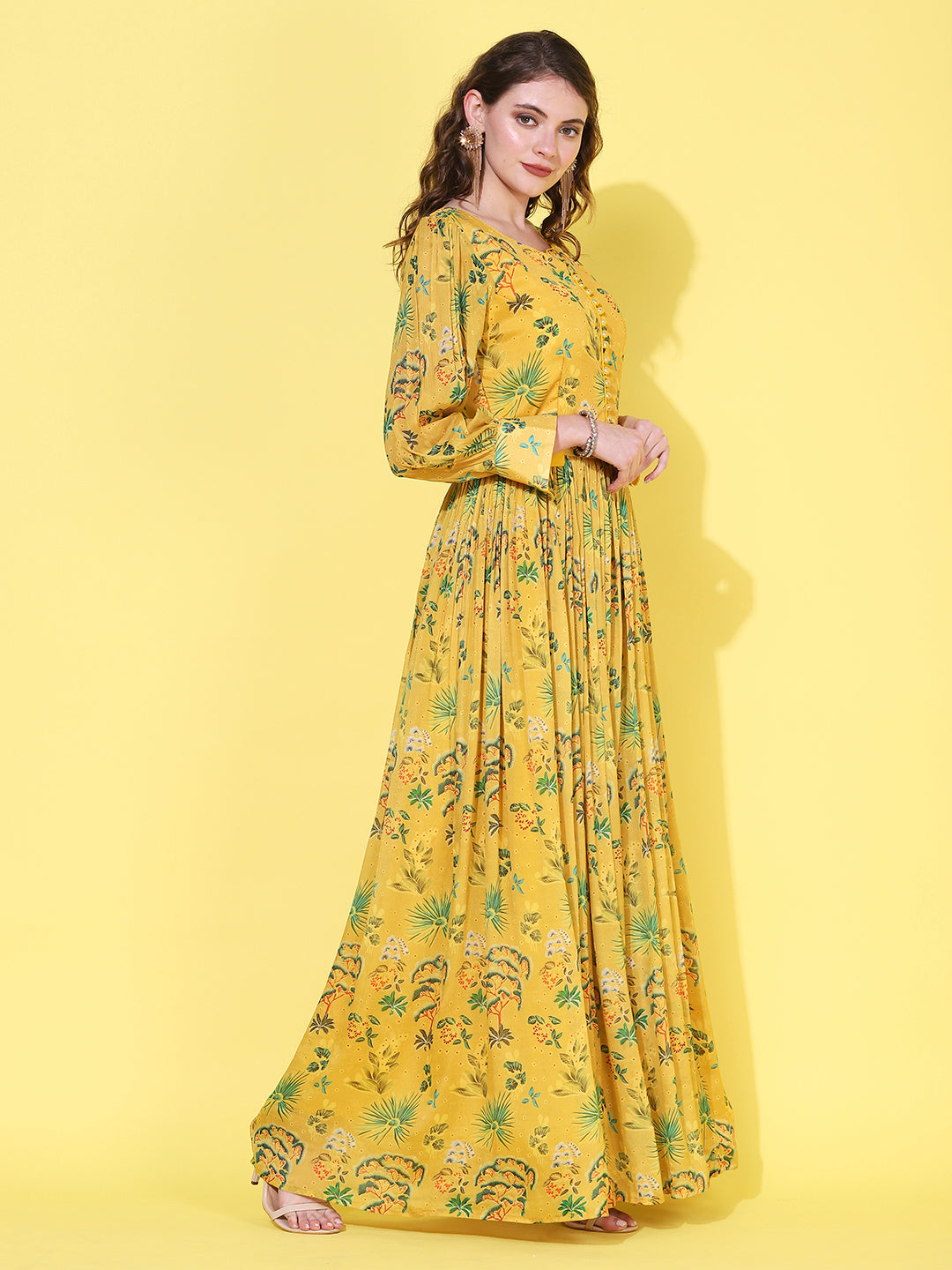 Floral Printed Flared Maxi Dress with Hand Embroidered Belt - Yellow