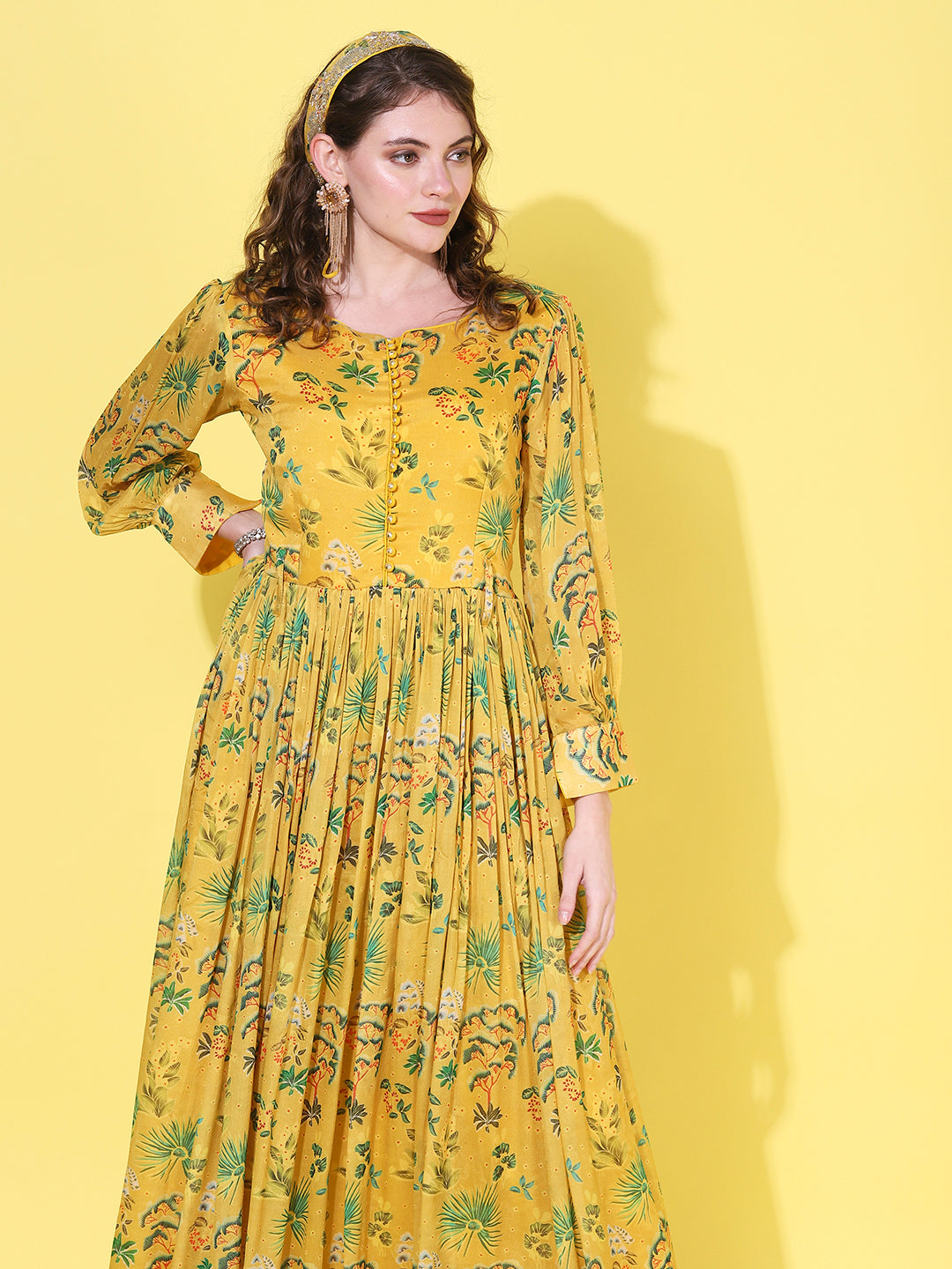 Floral Printed Flared Maxi Dress with Hand Embroidered Belt - Yellow