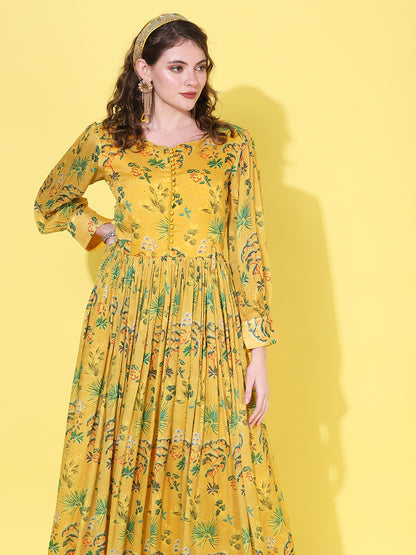 Floral Printed Flared Maxi Dress with Hand Embroidered Belt - Yellow