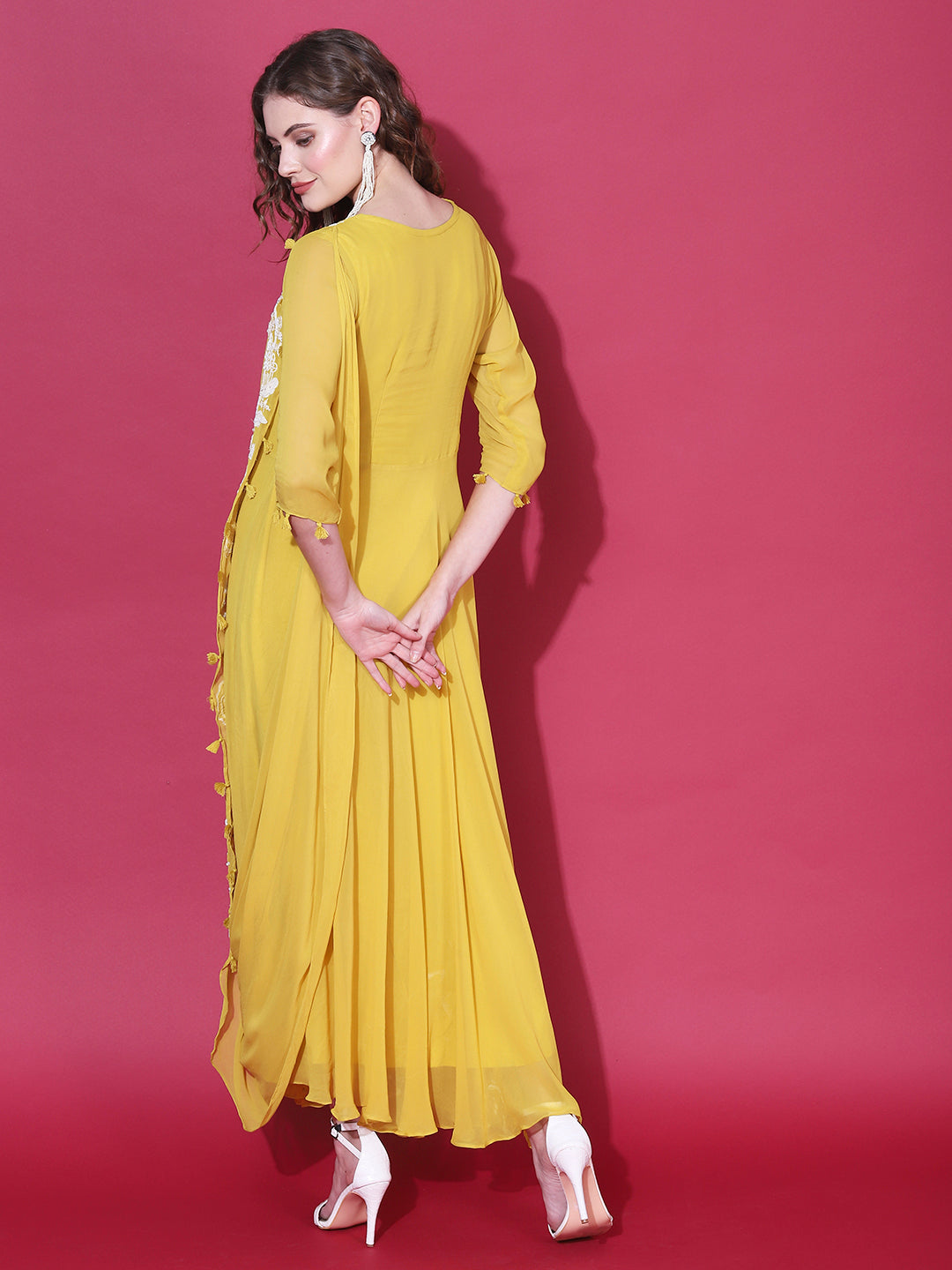 Floral Hand Embroidered Cowl Maxi Dress - Mustard